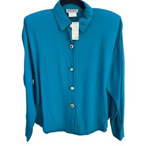 Mirrors Vintage Teal Blue Long Sleeve Button Down Blouse Shoulder Pads Small NWT